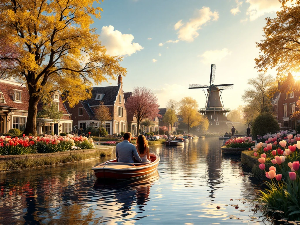 Een serene Nederlandse landschap met een kanaal, traditionele huizen, een stel in een boot, tulpen en een windmolen onder een heldere hemel.