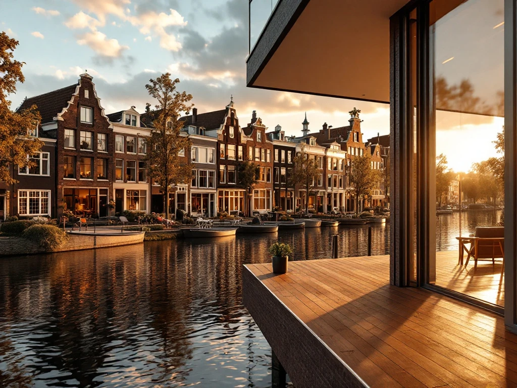 Een serene stadsscène in Nederland met een kanaal, historische huizen, een modern appartement en technologie die luxe en comfort uitstraalt.