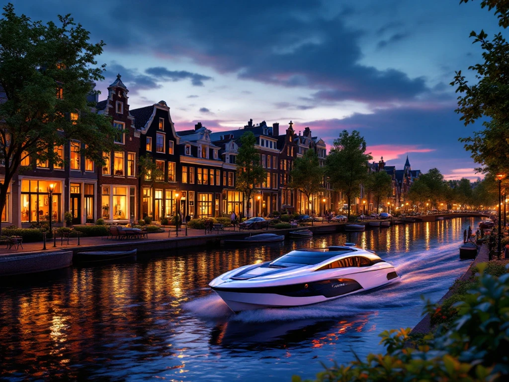 Een serene Nederlandse gracht bij schemering met herenhuizen en een moderne boot, symboliserend comfort, luxe en duurzaamheid.