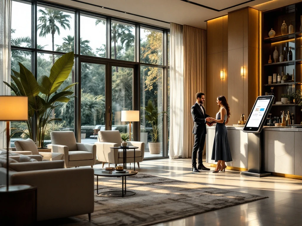 Een luxe hotel lobby met moderne meubels, veel natuurlijk licht, een conciërge die een stel helpt, en een digitaal incheckkiosk.