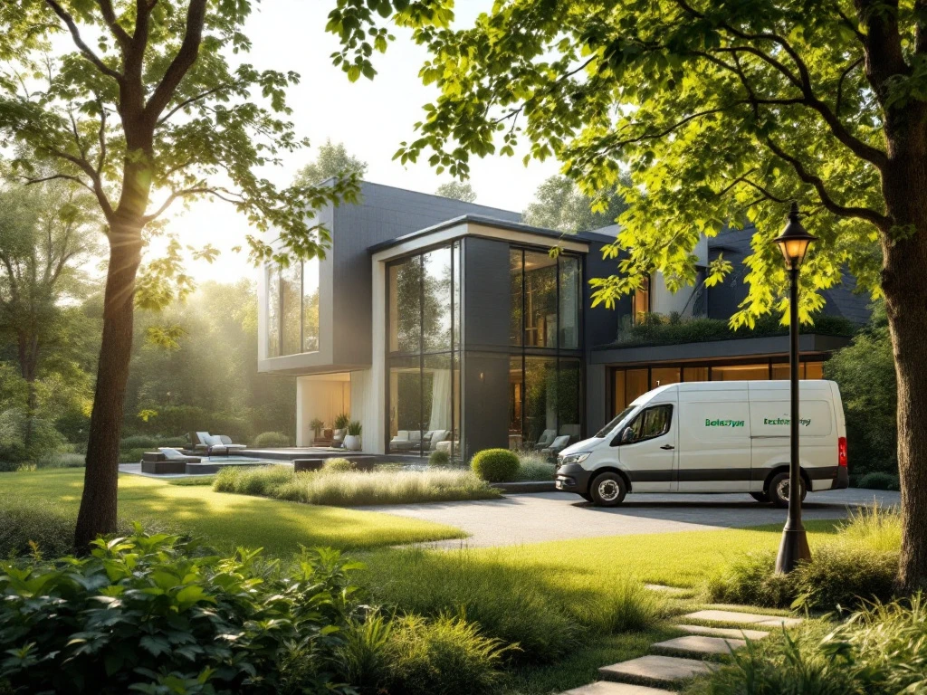 Luxe villa met glazen ramen in een groen landschap, eco-vriendelijke schoonmaakauto nabij, zonlicht door bomen, symbool van comfort.
