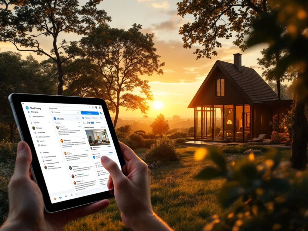 Een moderne villa in een sereen Nederlands landschap bij zonsondergang, met een tablet die een gebruiksvriendelijk beoordelingssysteem toont.