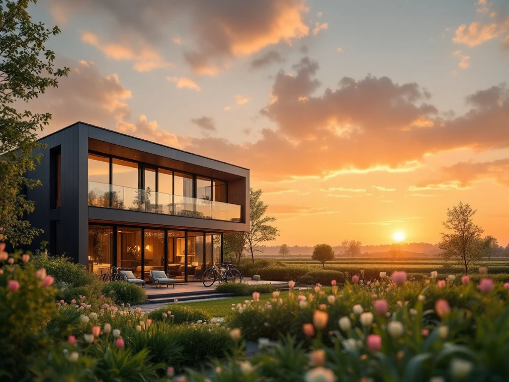 Een modern verblijf in een sereen Nederlands landschap bij zonsondergang, met fietsen en tulpen, weerspiegelt luxe en natuur.