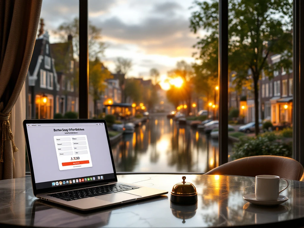 Een sfeervol Airbnb-risico beeld met een moderne flat en traditioneel Nederlands kanaal, met technologie en luxe elementen van BetterStays.