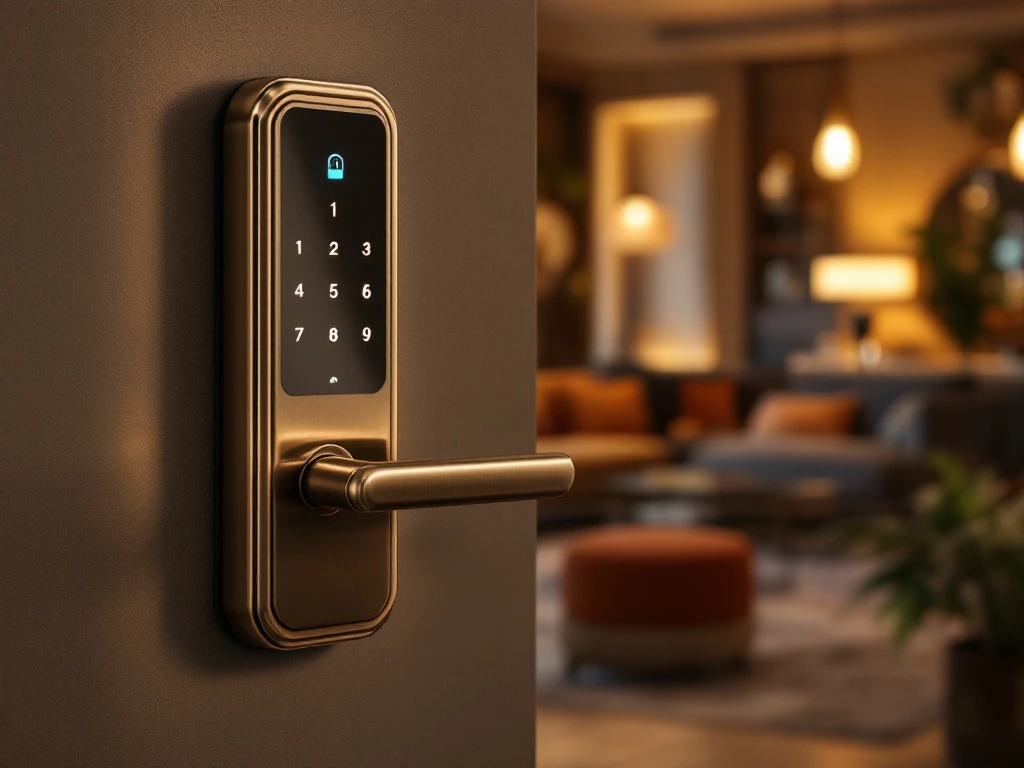 Een modern, metallic touchpad voor sleutelloze toegang in een luxe hotel lobby met warme aarde- en goudtinten, straalt comfort en innovatie uit.