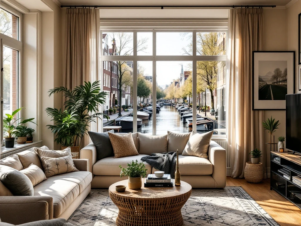 Moderne, gezellige woonkamer met luxe meubels, kunst, planten en groot raam met uitzicht op een schilderachtig Nederlands kanaal.