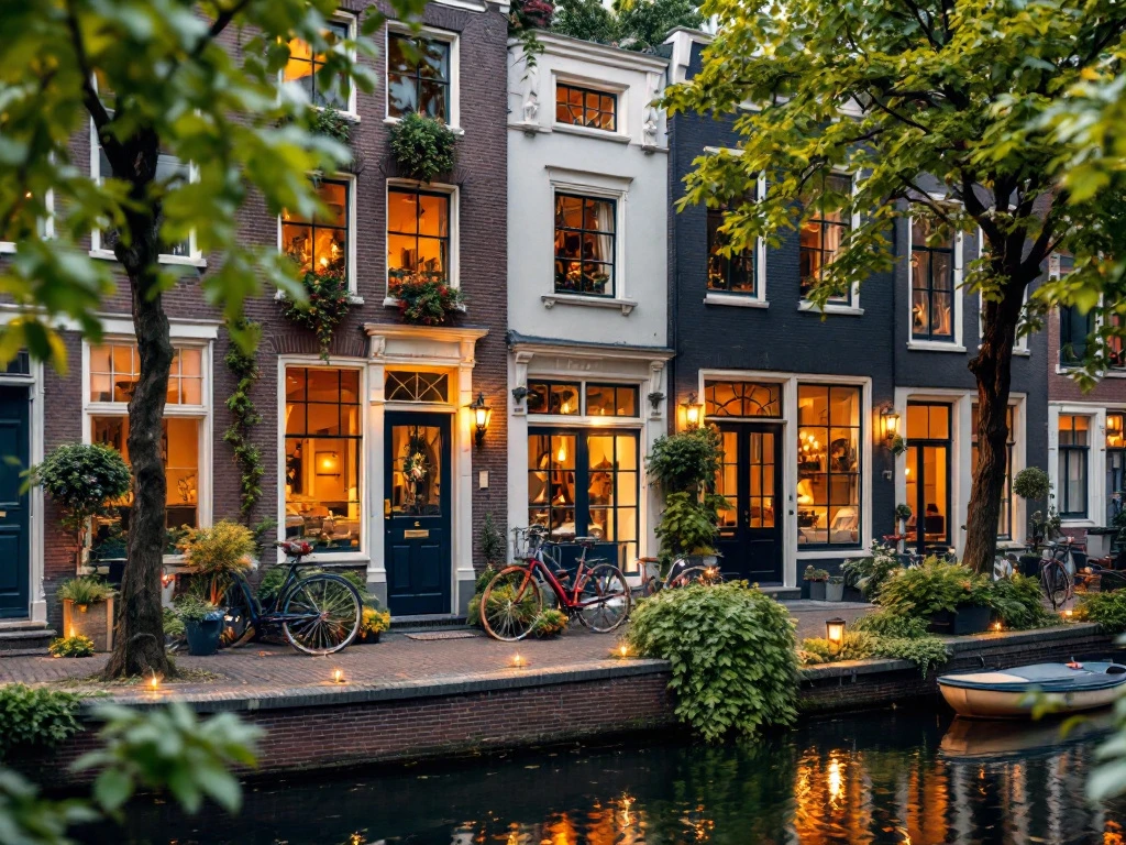 Luxe Airbnb aan een Nederlandse gracht, met moderne architectuur, grote ramen, groen, fietsen en een warme, uitnodigende sfeer.