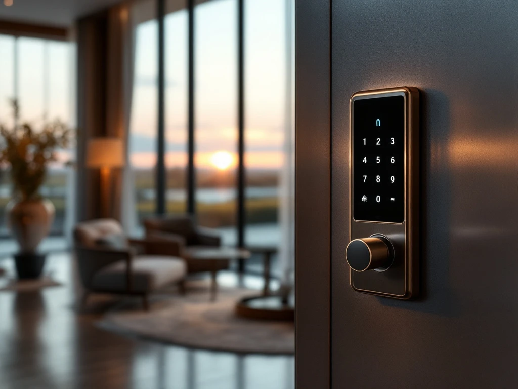 Een luxe hotel lobby in Nederland met modern design, elegant meubilair, een touchpad voor sleutelvrije toegang en uitzicht op het landschap.