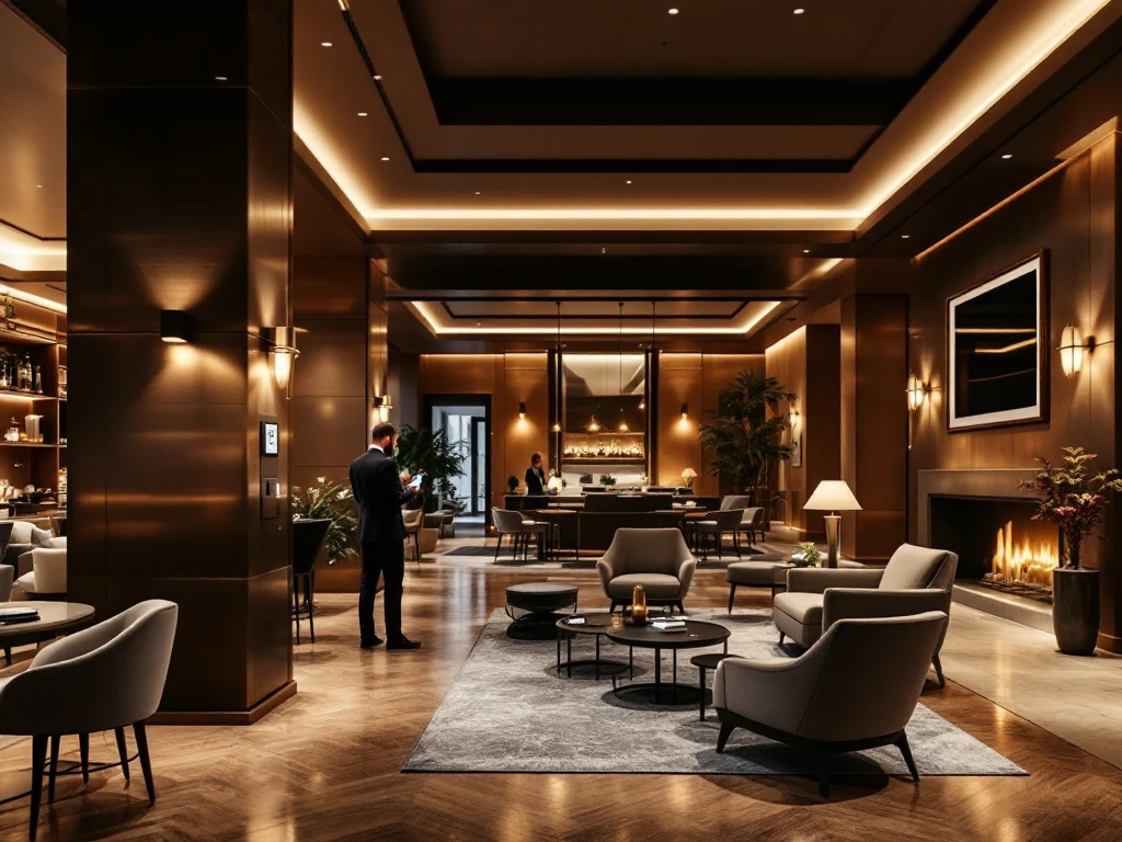 Een luxe hotel lobby in Nederland met modern design, warme verlichting, houten accenten en smartphone-systeem voor kamerinvoer.