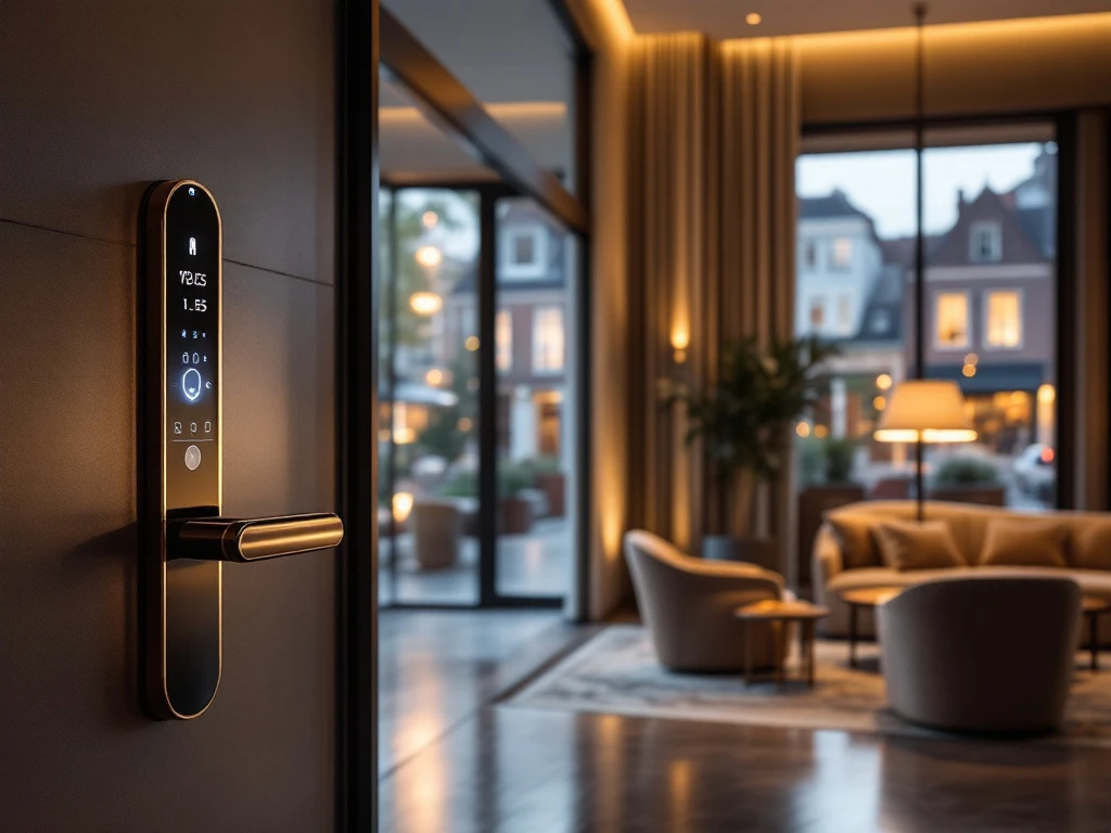 Een moderne hotel lobby in Nederland met een sleutelvrij toegangssysteem, warme verlichting, luxe meubels en een uitzicht op een Nederlandse straat.