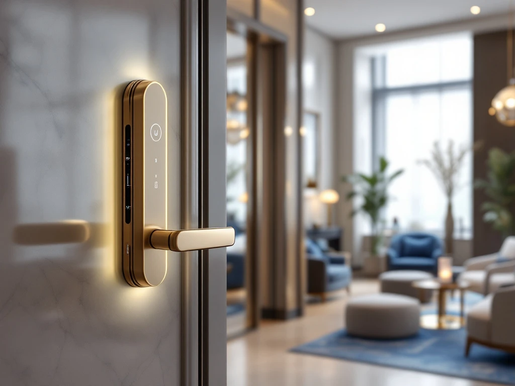 Moderne hotel lobby in Nederland met een geavanceerd sleutelloos toegangssysteem, stijlvolle meubels en veel natuurlijk licht.
