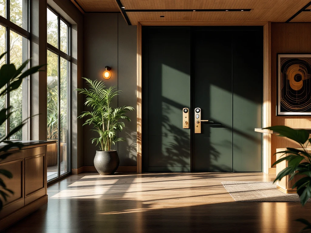 Een moderne hotelreceptie met keyless entry, houten en glazen elementen, natuurlijke lichtinval, en luxe aardetinten met groene accenten.
