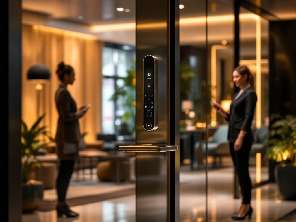Moderne hotel lobby in Nederland met sleutelvrij toegangssysteem, duurzame ontwerpen en gastvrij personeel van BetterStays.