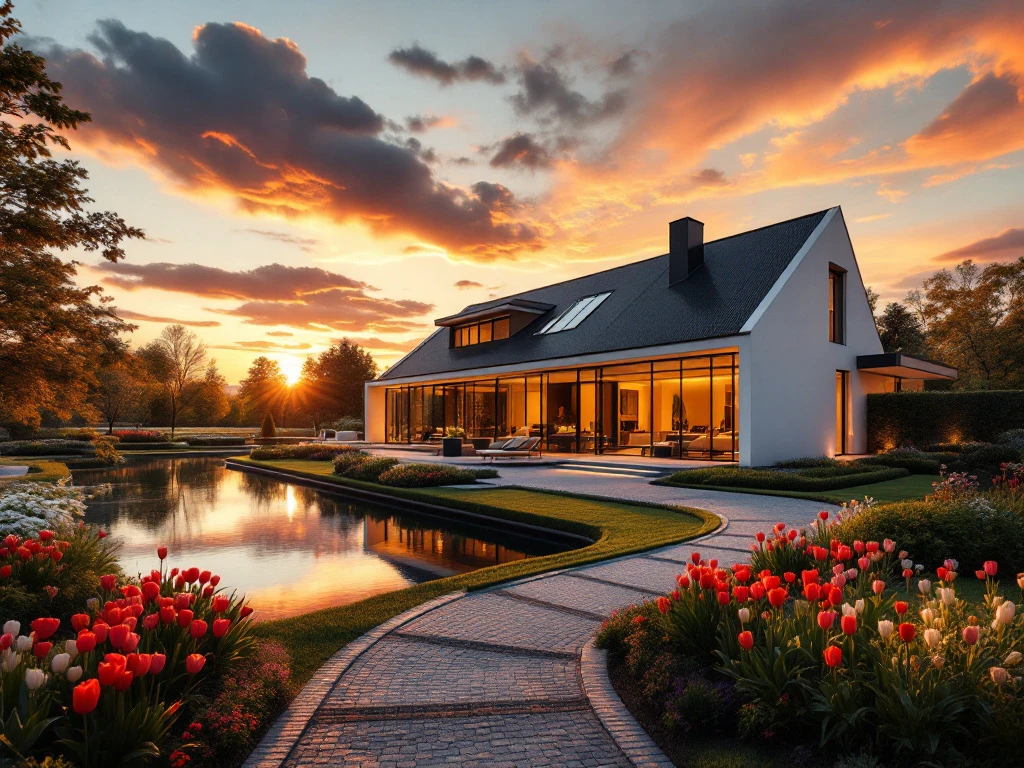 Een luxe Nederlandse villa met moderne architectuur, omgeven door groen en een kanaal, verlicht door een gouden zonsondergang.
