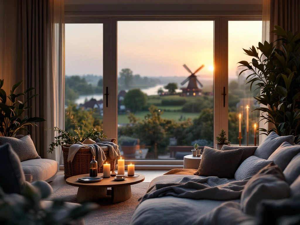 Een sfeervol Airbnb-interieur in Nederland met moderne meubels, grote ramen met uitzicht op groen en een windmolen in de verte.