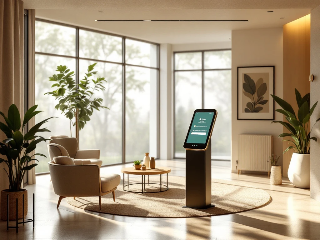 Een moderne hotel lobby in Nederland met sleutelvrije toegang, digitale check-in kiosk, minimalistisch meubilair en eco-vriendelijke decor.