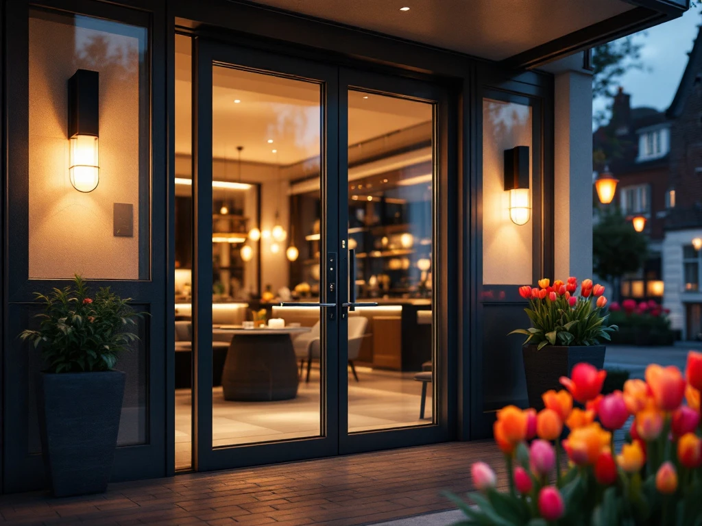 Modern hotelentree met elegant sleutelloos systeem, glanzende glazen deuren, sfeerverlichting en tulpen, weerspiegelt luxe en innovatie.