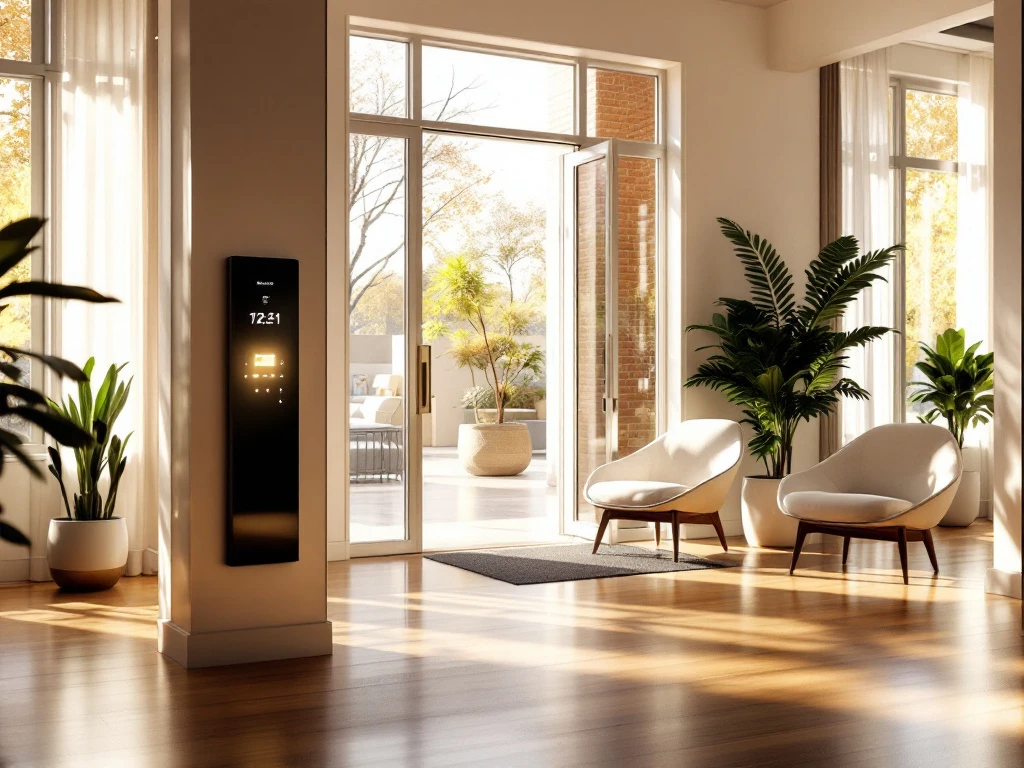 Een moderne hotelhal met sleutelvrije toegang, veel natuurlijk licht, groene planten en elegant meubilair, weerspiegelt luxe en innovatie.