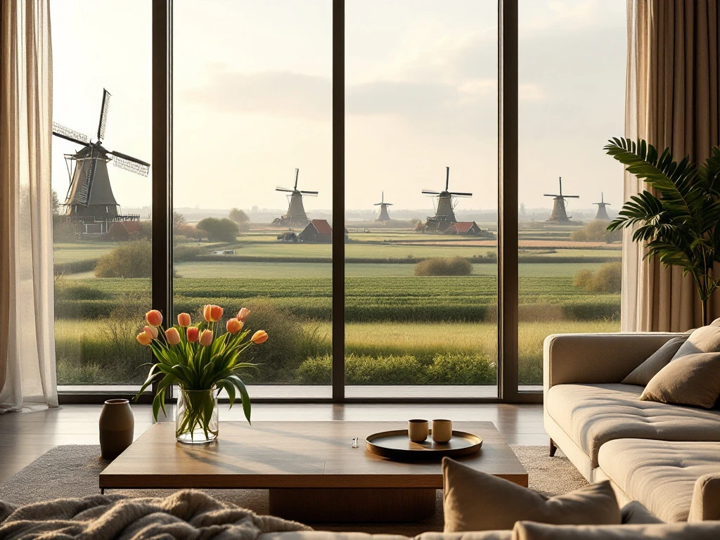 Luxe Airbnb met modern interieur, grote ramen met uitzicht op groene velden en windmolens. Tulpen op tafel, warme en elegante sfeer.