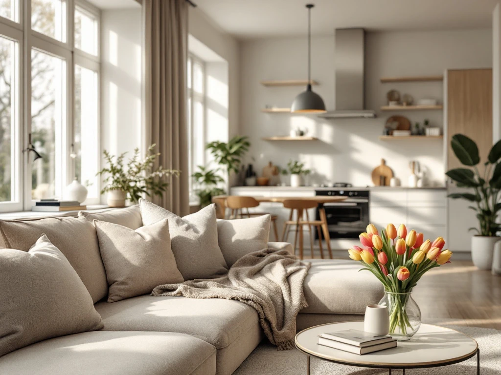 Stijlvol Nederlands Airbnb-interieur: modern woonkamer, Scandinavisch meubilair, zachte sofa, tulpen op tafel, minimalistische keuken.