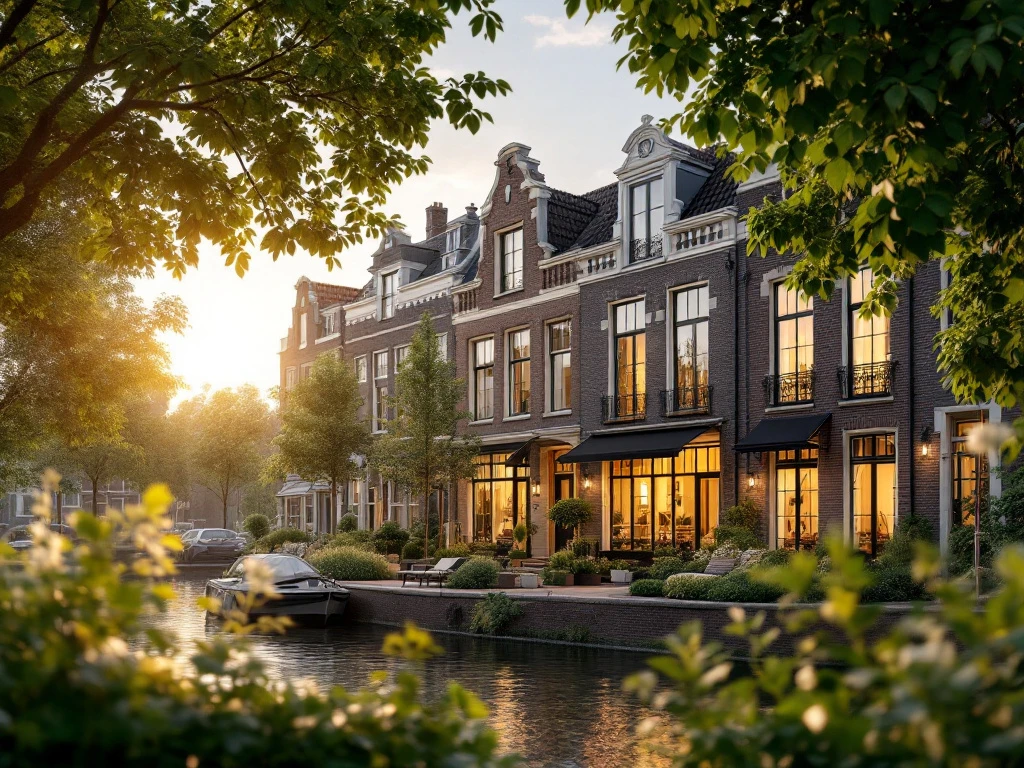 Fotorealistisch beeld van een elegant Amsterdams grachtenpand bij zonsondergang, omgeven door groen, symbool voor duurzaamheid en luxe.