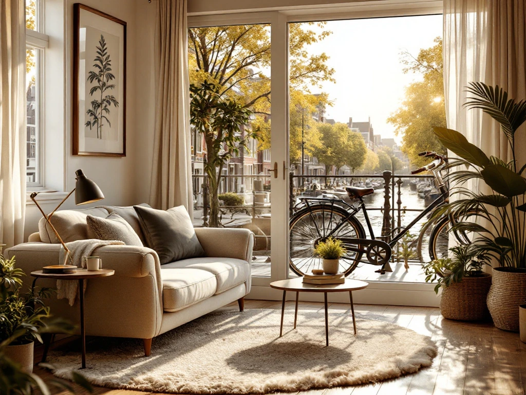 Een sfeervolle kamer in een traditioneel Amsterdams grachtenpand met modern-klassieke inrichting en uitzicht op de grachten.