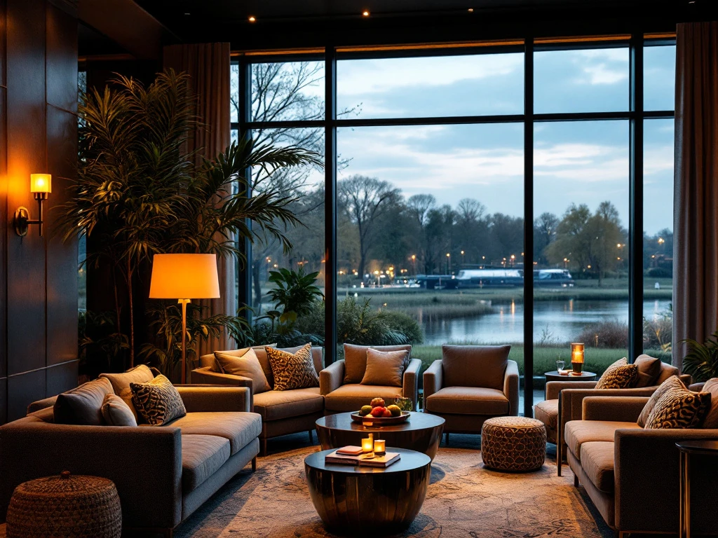 Elegante hotel lobby in Nederland met luxe zitplaatsen, moderne technologie en uitzicht op landschap, symboliseert duurzaamheid.