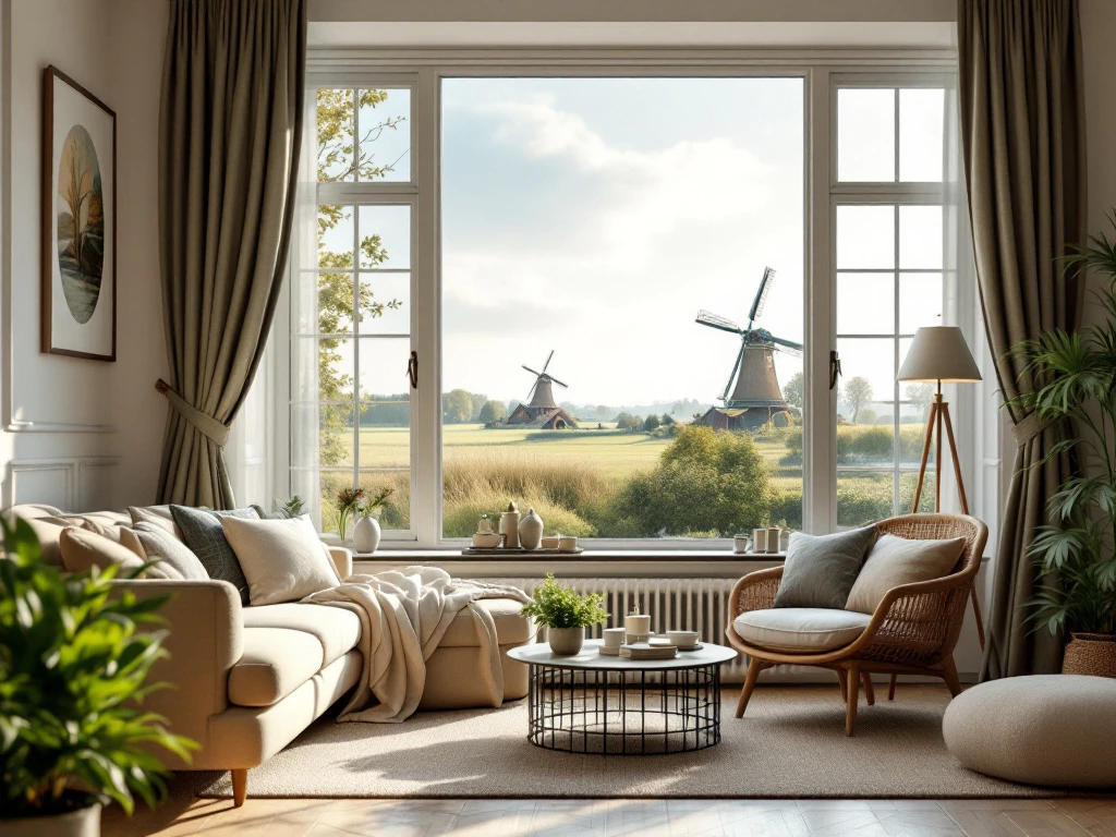 Een sfeervol, modern ingericht Airbnb-interieur met uitzicht op het Nederlandse landschap met windmolens, in zachte aardetinten.