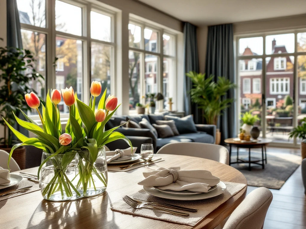 Een sfeervol Nederlands interieur met een elegant gedekte tafel, tulpen, modern meubilair en uitzicht op een Amsterdams kanaal.