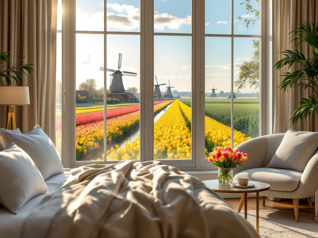 Luxe Nederlandse kamer met grote ramen, uitzicht op tulpenvelden en molens. Moderne inrichting, zachte verlichting en verse tulpen.