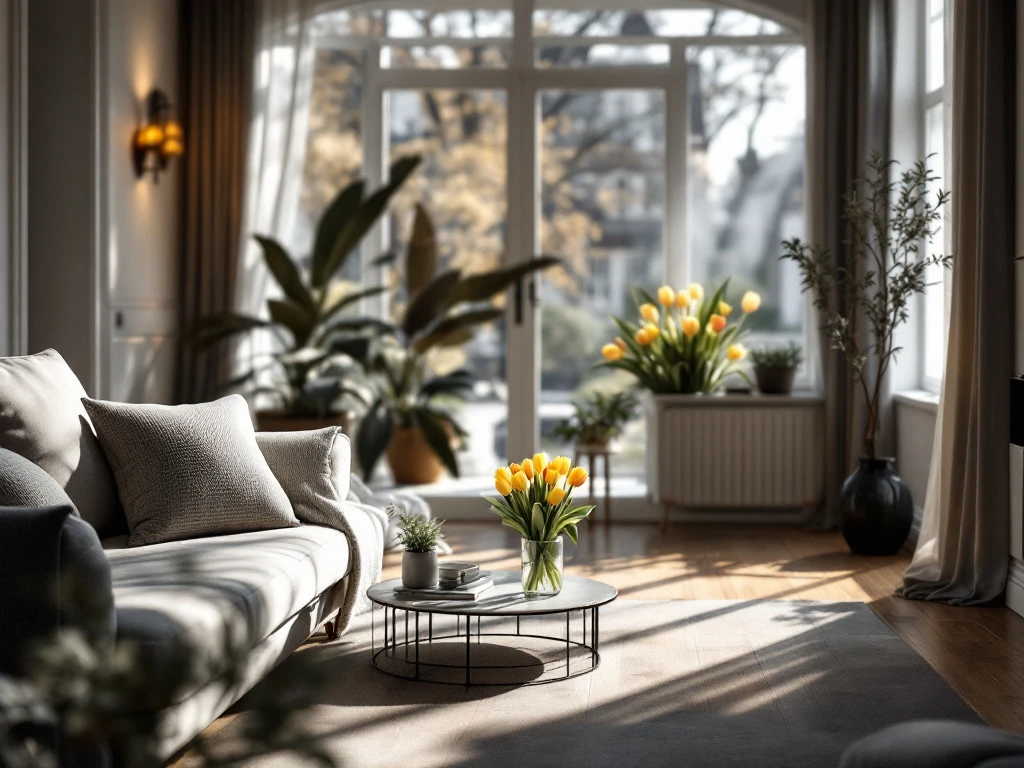 Luxueus Nederlands appartement met houten vloer, moderne en traditionele elementen, zachte verlichting, tulpen en groene planten.