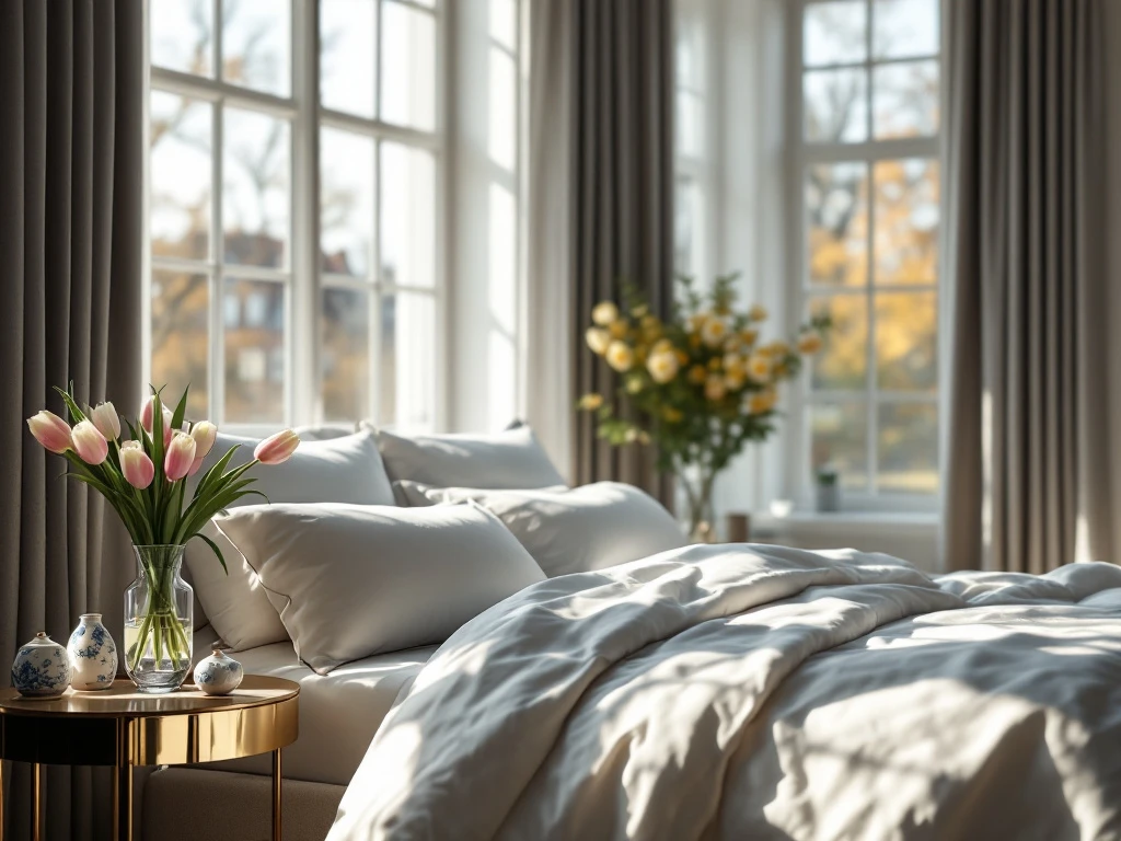 Luxe slaapkamer met een kingsize bed, witte lakens, tulpenvaas, en grote ramen die zacht licht binnenlaten, in Nederlandse stijl.