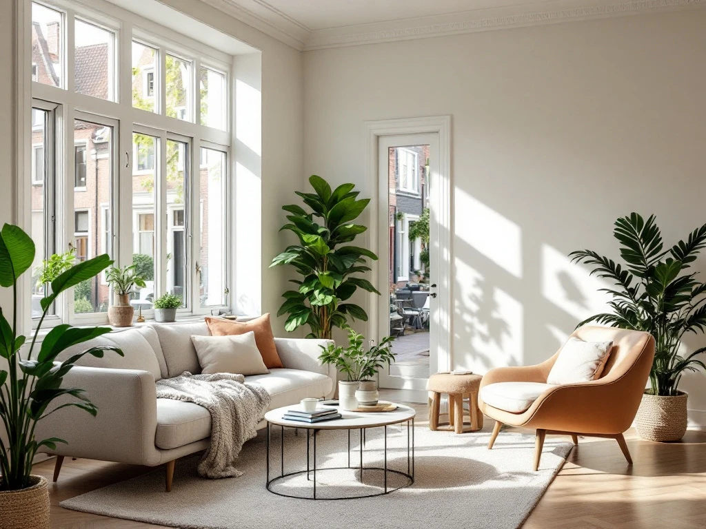 Een moderne, lichte Nederlandse woonkamer met strak meubilair, grote ramen en groene planten. Buiten is een charmante straat zichtbaar.