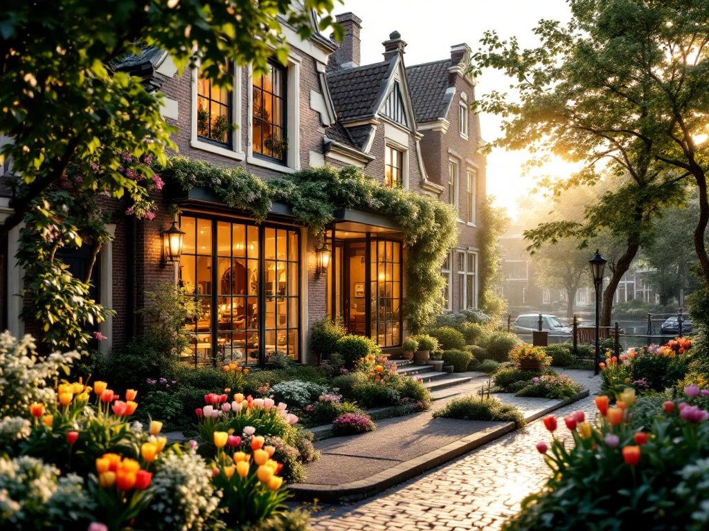 Charmant boutiquehotel in Nederland: traditionele architectuur, moderne accenten, tuin met tulpen, kanalen en zonlicht, straalt gastvrijheid uit.