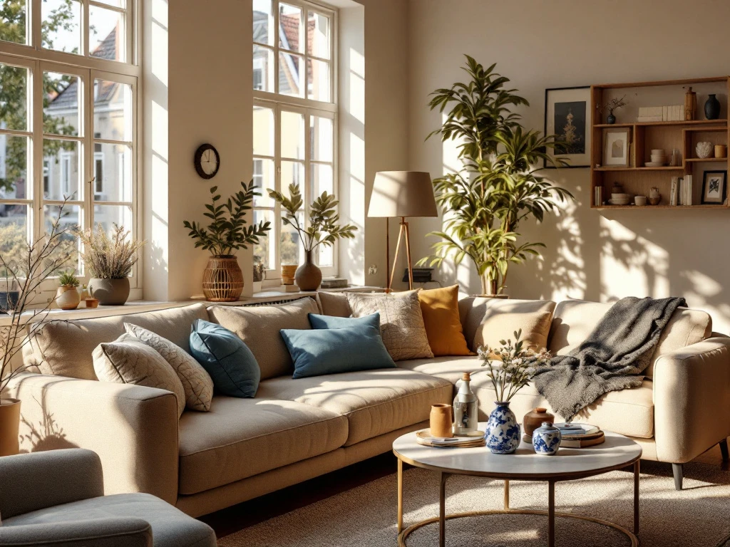 Interieur van een gezellig Airbnb in een Nederlands herenhuis met moderne meubels, Delftse accenten en zonlicht door grote ramen.
