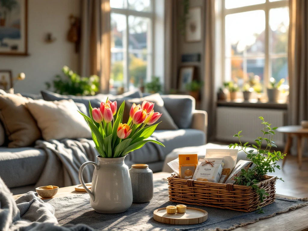 Een gezellige Airbnb-woonkamer met zonlicht, moderne inrichting, een welkomstmand met tulpen en traktaties, straalt comfort en gastvrijheid uit.