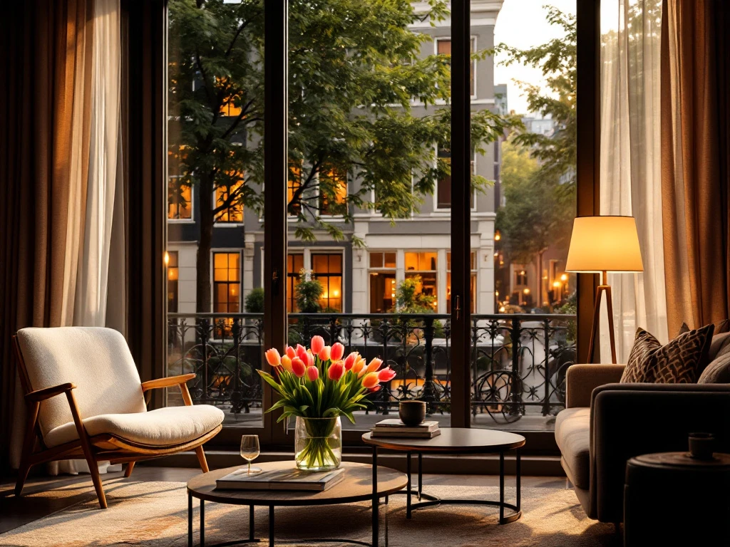 Een luxe Airbnb Plus in Amsterdam: klassiek grachtenpand met grote ramen, stijlvol interieur en tulpen, straalt comfort en elegantie uit.
