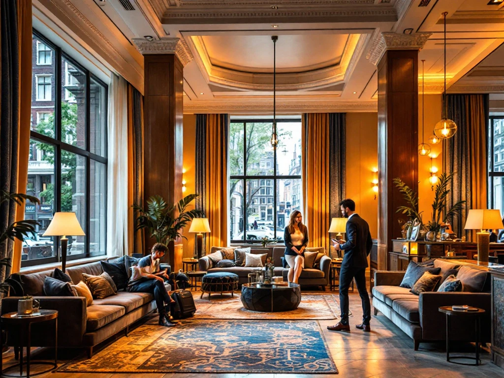 Een elegante hotel lobby in Amsterdam met luxe zitplaatsen, warme verlichting en moderne Nederlandse elementen, met zicht op de stad.