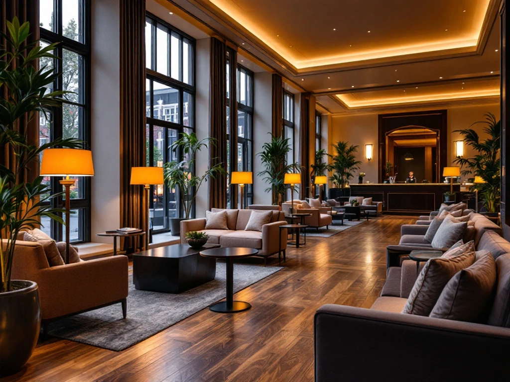 Luxe hotel lobby in Nederland met warme verlichting, modern design, comfortabele zitplekken en subtiele groene accenten.