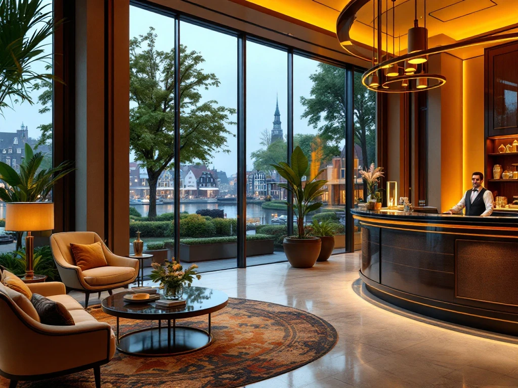 Hotel lobby in Nederland met moderne elegantie en traditioneel design. Warme verlichting, luxe meubels, en uitzicht op groen landschap.