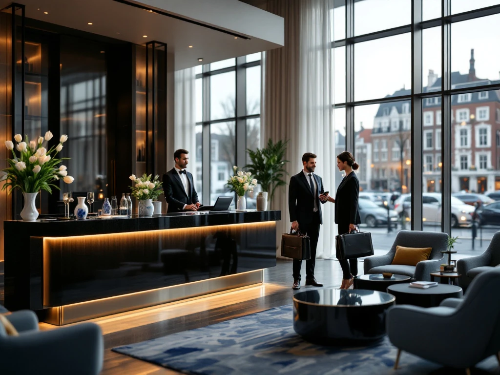 Zakelijke reiziger checkt in bij stijlvolle hotelreceptie met Nederlands design, tulpen, en Delft blauw. Stadszicht op achtergrond.