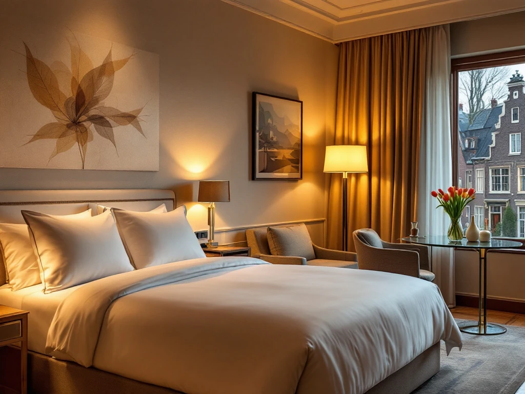 Luxe hotelkamer in Nederland met kingsize bed, modern kunstwerk, warm licht en uitzicht op de stad. Frisse tulpen voegen kleur toe.