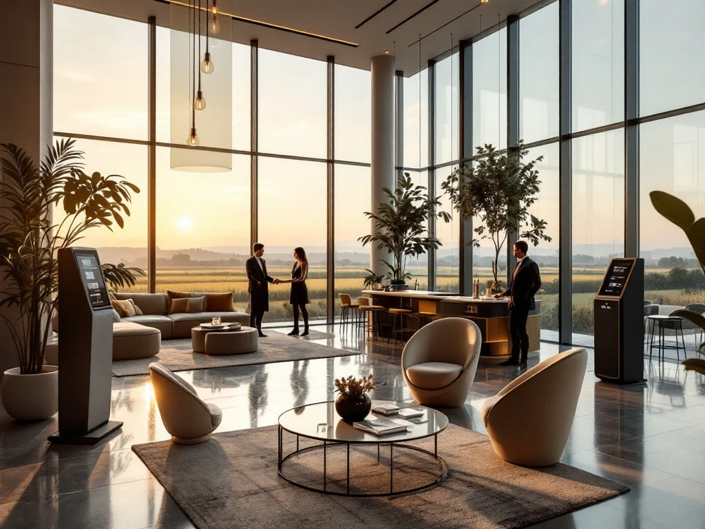 Een moderne hotel lobby in Nederland met luxe meubels, slimme incheckstations, veel natuurlijk licht en een vriendelijke conciërge.