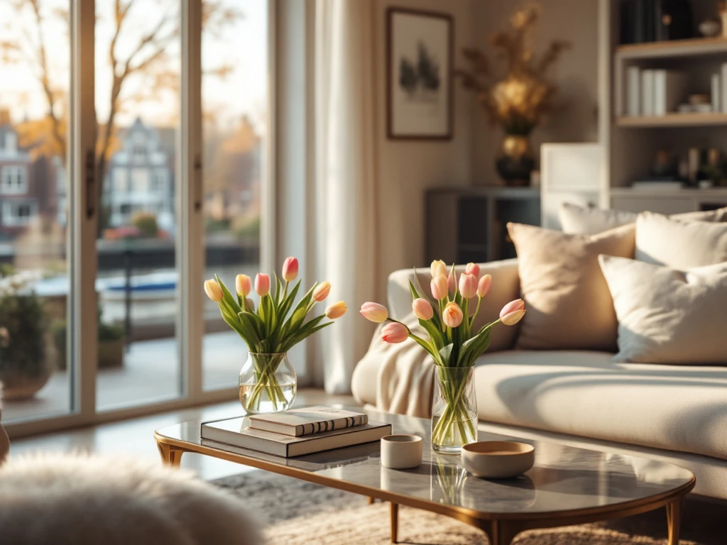 Een luxe, moderne Nederlandse woonkamer met grote ramen, een comfortabele bank, tulpen op de tafel en uitzicht op een gracht.