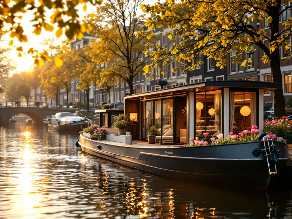 Een serene Amsterdamse gracht met een moderne woonboot en historische architectuur, omlijst door bloeiende tulpen en warm licht.