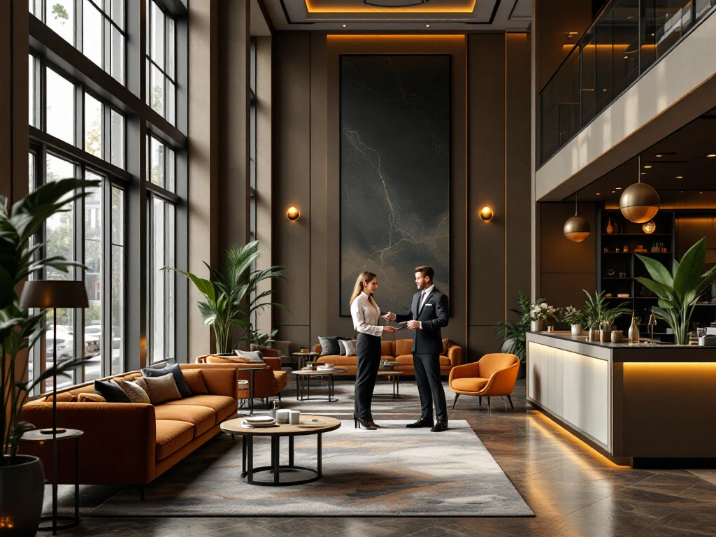 Een luxe hotel lobby in Nederland met modern interieur, veel licht, een vriendelijke conciërge en een duurzaam ontworpen receptie.