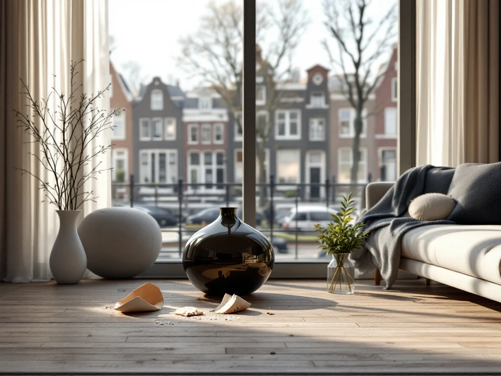 Een stijlvol ingerichte woonkamer met modern meubilair en uitzicht op een Amsterdamse gracht, met een gebroken vaas op de vloer.