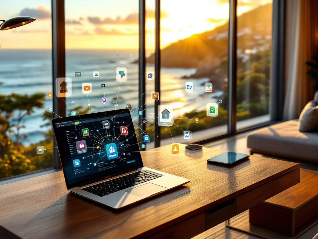 Luxe vakantieappartement met zeezicht, laptop toont kleurrijke boekingsplatforms, tablet met woningadvertentie en smartphone met reserveringsbevestiging in zonlicht