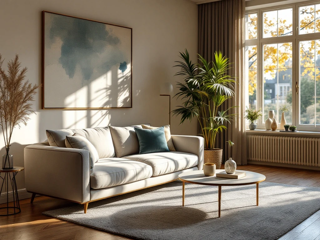 Luxe woonkamer in een chique Airbnb, met modern meubilair, zachte kleuren en natuurlijk licht. Comfort en stijl in een verfijnde setting.