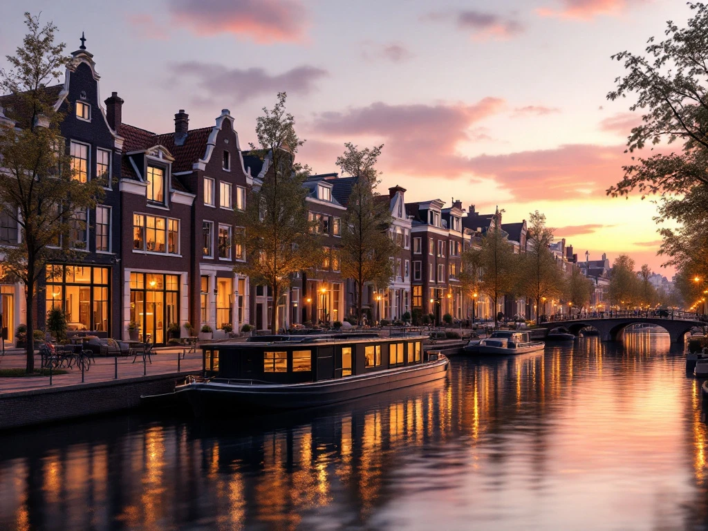 Moderne Nederlandse grachten bij zonsondergang met verlichte gebouwen, een stijlvolle woonboot en een serene, luxe sfeer.